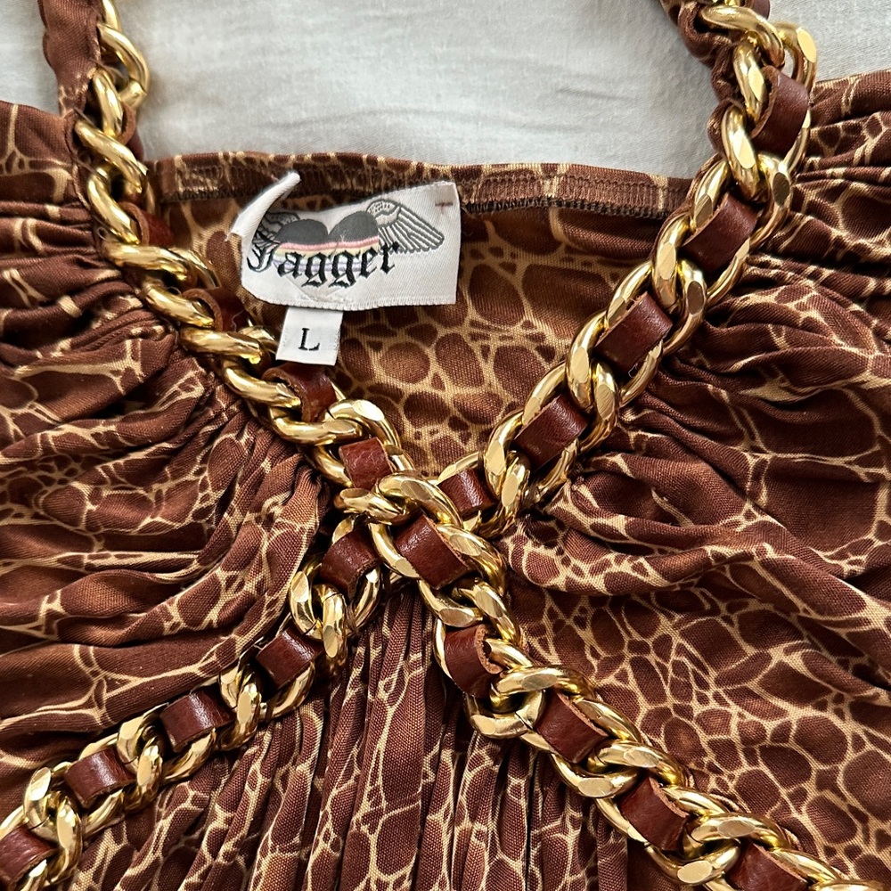 Y2K 100% Silk Brown Animal Print Dress With Braided Halter - Picture 6 of 10